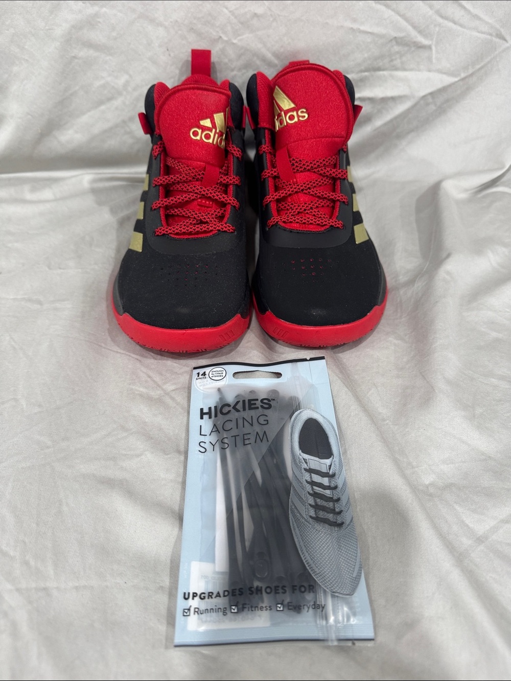 BRAND NEW adidas Kids Red and Black High-Top basketball Sneakers and Hickies
